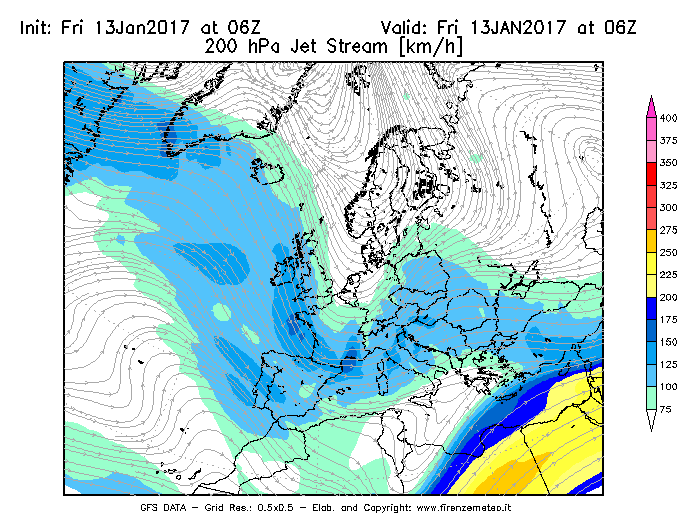 Mappa di analisi GFS - Jet Stream a 200 hPa in Europa
							del 13/01/2017 06 <!--googleoff: index-->UTC<!--googleon: index-->