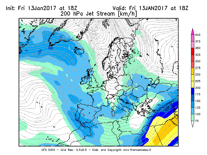 Mappa di analisi GFS - Jet Stream a 200 hPa in Europa
							del 13/01/2017 18 <!--googleoff: index-->UTC<!--googleon: index-->