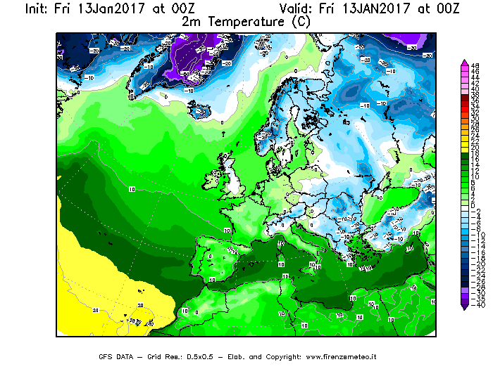Mappa di analisi GFS - Temperatura a 2 metri dal suolo [°C] in Europa
							del 13/01/2017 00 <!--googleoff: index-->UTC<!--googleon: index-->
