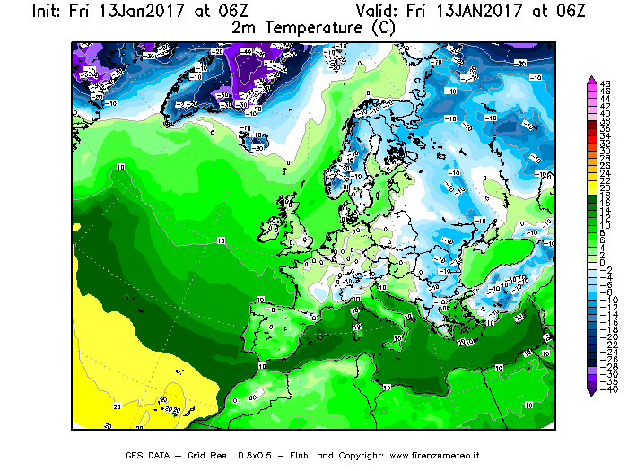 Mappa di analisi GFS - Temperatura a 2 metri dal suolo [°C] in Europa
							del 13/01/2017 06 <!--googleoff: index-->UTC<!--googleon: index-->