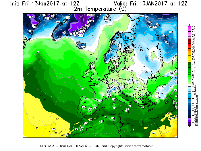 Mappa di analisi GFS - Temperatura a 2 metri dal suolo [°C] in Europa
							del 13/01/2017 12 <!--googleoff: index-->UTC<!--googleon: index-->