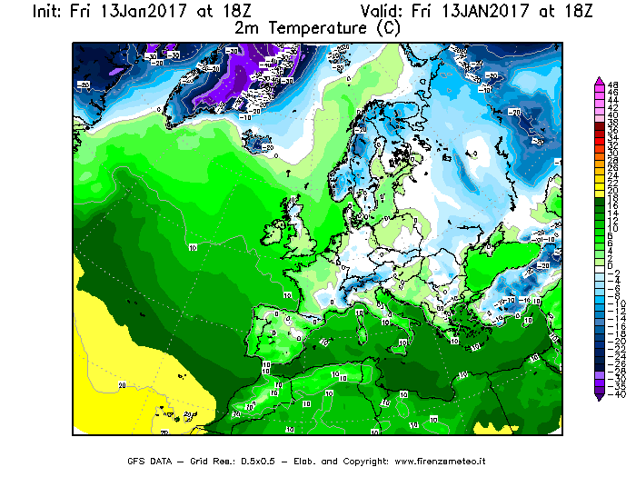 Mappa di analisi GFS - Temperatura a 2 metri dal suolo [°C] in Europa
									del 13/01/2017 18 <!--googleoff: index-->UTC<!--googleon: index-->