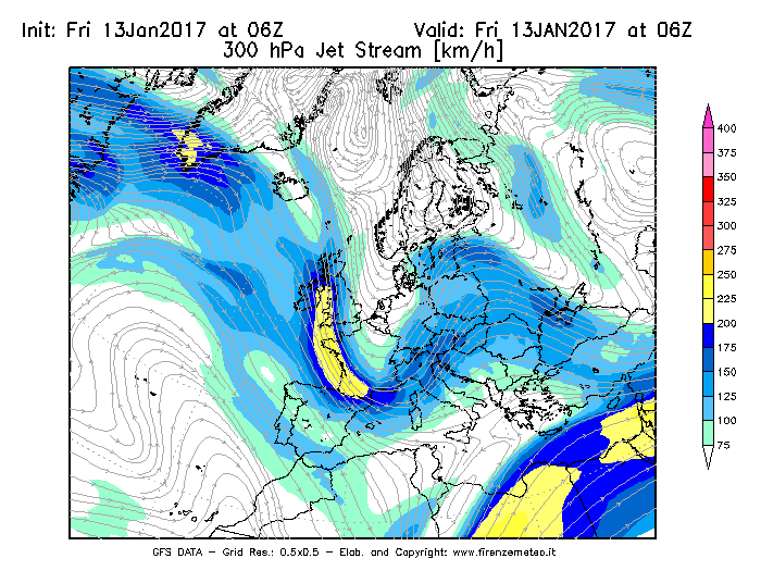 Mappa di analisi GFS - Jet Stream a 300 hPa in Europa
							del 13/01/2017 06 <!--googleoff: index-->UTC<!--googleon: index-->