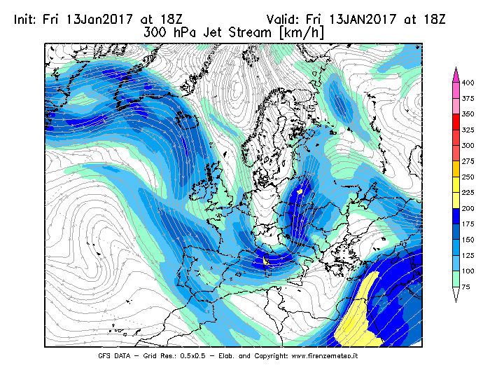 Mappa di analisi GFS - Jet Stream a 300 hPa in Europa
							del 13/01/2017 18 <!--googleoff: index-->UTC<!--googleon: index-->