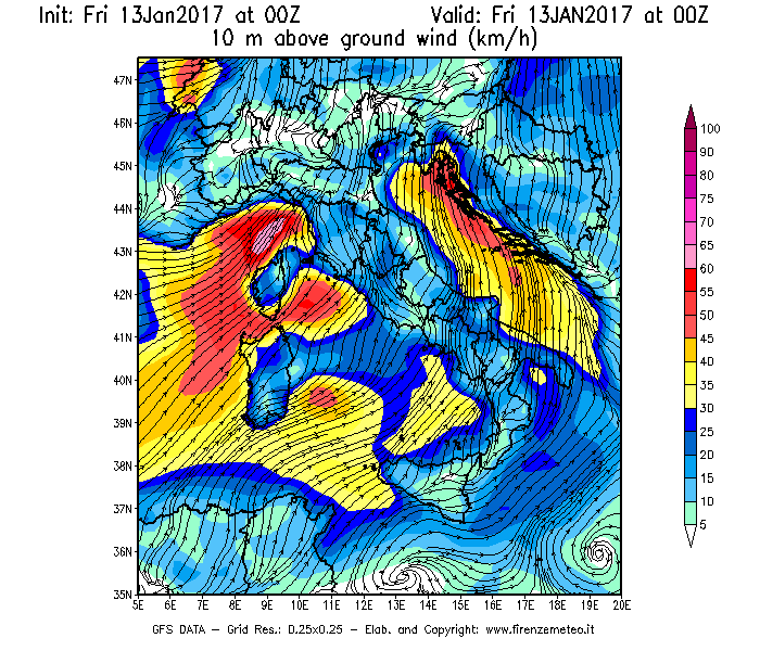 Mappa di analisi GFS - Velocità del vento a 10 metri dal suolo [km/h] in Italia
									del 13/01/2017 00 <!--googleoff: index-->UTC<!--googleon: index-->