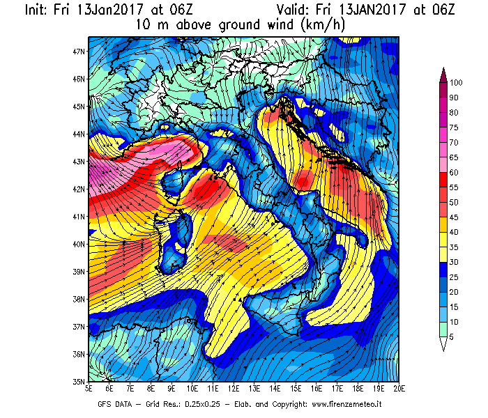 Mappa di analisi GFS - Velocità del vento a 10 metri dal suolo [km/h] in Italia
							del 13/01/2017 06 <!--googleoff: index-->UTC<!--googleon: index-->