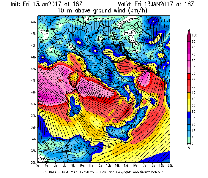 Mappa di analisi GFS - Velocità del vento a 10 metri dal suolo [km/h] in Italia
							del 13/01/2017 18 <!--googleoff: index-->UTC<!--googleon: index-->