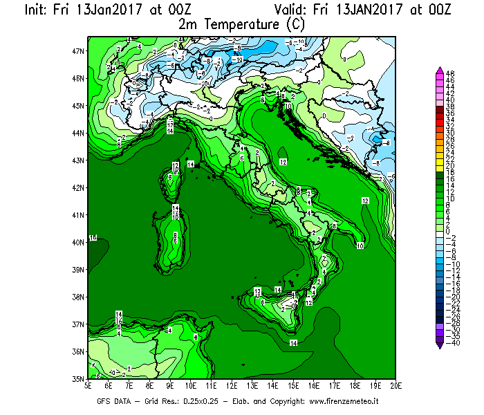 Mappa di analisi GFS - Temperatura a 2 metri dal suolo [°C] in Italia
									del 13/01/2017 00 <!--googleoff: index-->UTC<!--googleon: index-->