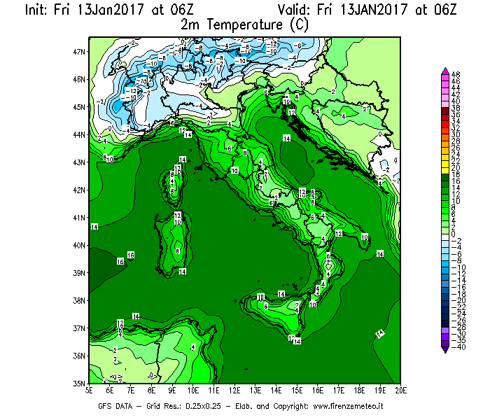 Mappa di analisi GFS - Temperatura a 2 metri dal suolo [°C] in Italia
							del 13/01/2017 06 <!--googleoff: index-->UTC<!--googleon: index-->