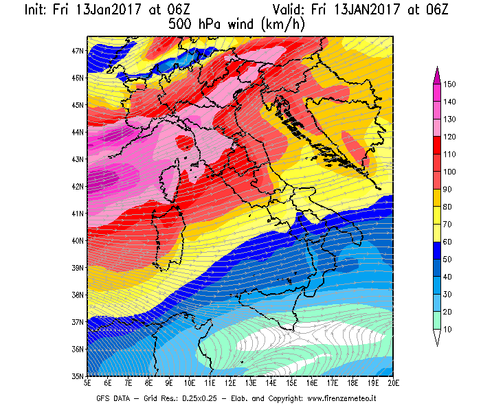 Mappa di analisi GFS - Velocità del vento a 500 hPa [km/h] in Italia
							del 13/01/2017 06 <!--googleoff: index-->UTC<!--googleon: index-->