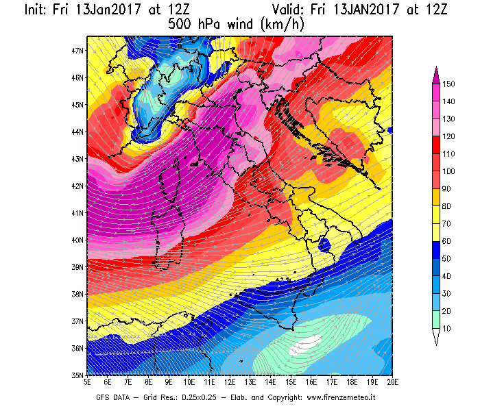 Mappa di analisi GFS - Velocità del vento a 500 hPa [km/h] in Italia
							del 13/01/2017 12 <!--googleoff: index-->UTC<!--googleon: index-->