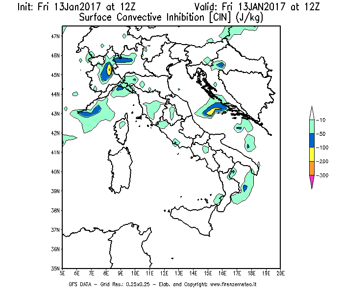 Mappa di analisi GFS - CIN [J/kg] in Italia
							del 13/01/2017 12 <!--googleoff: index-->UTC<!--googleon: index-->
