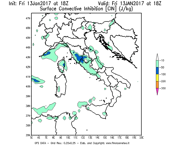 Mappa di analisi GFS - CIN [J/kg] in Italia
							del 13/01/2017 18 <!--googleoff: index-->UTC<!--googleon: index-->