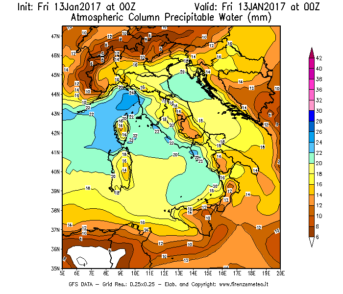 Mappa di analisi GFS - Precipitable Water [mm] in Italia
							del 13/01/2017 00 <!--googleoff: index-->UTC<!--googleon: index-->