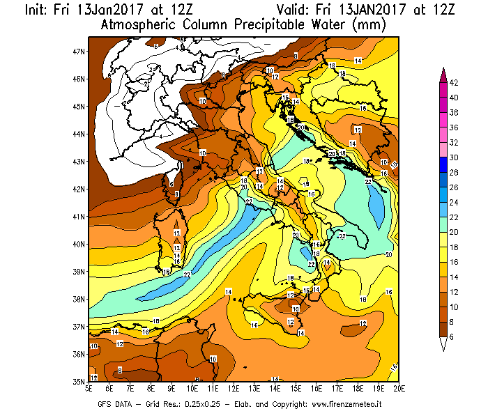 Mappa di analisi GFS - Precipitable Water [mm] in Italia
							del 13/01/2017 12 <!--googleoff: index-->UTC<!--googleon: index-->