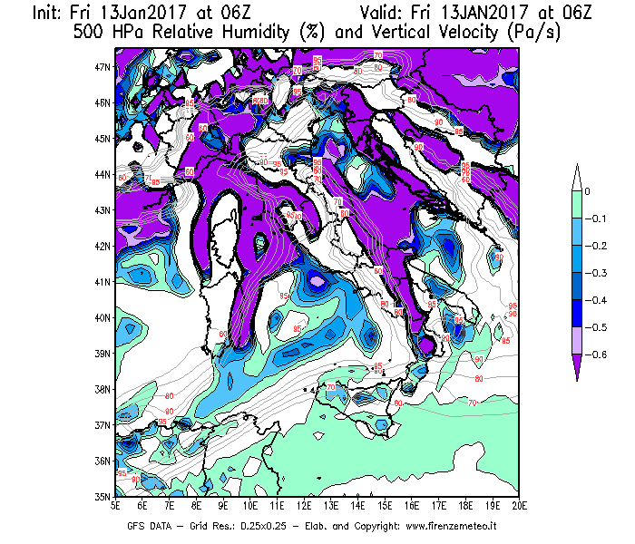 Mappa di analisi GFS - Umidità relativa [%] e Omega [Pa/s] a 500 hPa in Italia
							del 13/01/2017 06 <!--googleoff: index-->UTC<!--googleon: index-->