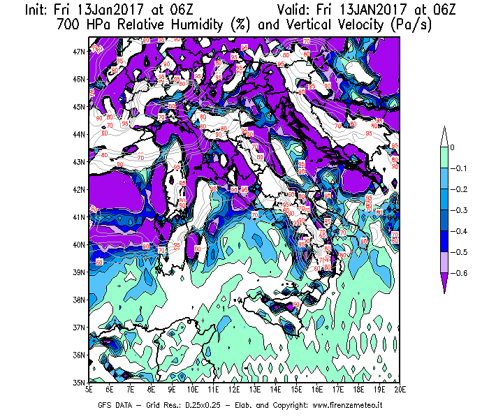 Mappa di analisi GFS - Umidità relativa [%] e Omega [Pa/s] a 700 hPa in Italia
									del 13/01/2017 06 <!--googleoff: index-->UTC<!--googleon: index-->