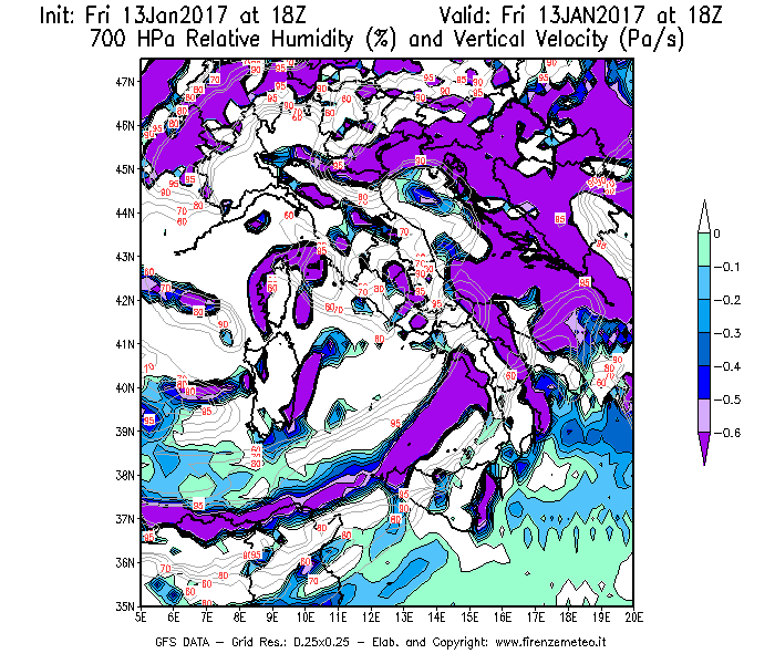 Mappa di analisi GFS - Umidità relativa [%] e Omega [Pa/s] a 700 hPa in Italia
							del 13/01/2017 18 <!--googleoff: index-->UTC<!--googleon: index-->