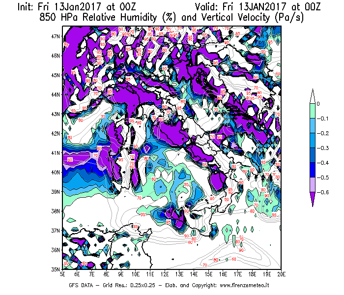 Mappa di analisi GFS - Umidità relativa [%] e Omega [Pa/s] a 850 hPa in Italia
							del 13/01/2017 00 <!--googleoff: index-->UTC<!--googleon: index-->