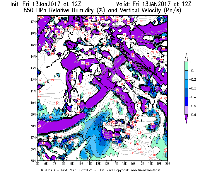 Mappa di analisi GFS - Umidità relativa [%] e Omega [Pa/s] a 850 hPa in Italia
							del 13/01/2017 12 <!--googleoff: index-->UTC<!--googleon: index-->
