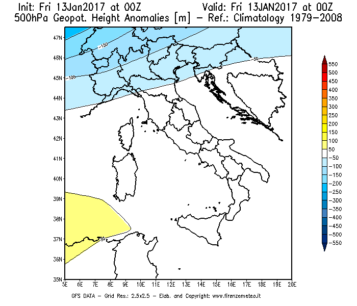 Mappa di analisi GFS - Anomalia di Geopotenziale a 500 hPa in Italia
									del 13/01/2017 00 <!--googleoff: index-->UTC<!--googleon: index-->