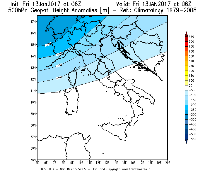 Mappa di analisi GFS - Anomalia di Geopotenziale a 500 hPa in Italia
							del 13/01/2017 06 <!--googleoff: index-->UTC<!--googleon: index-->