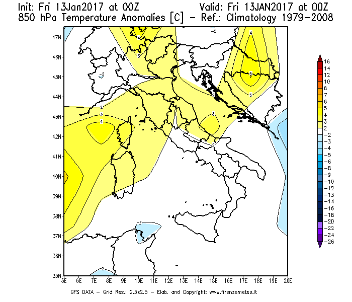 Mappa di analisi GFS - Anomalia Temperatura [°C] a 850 hPa in Italia
							del 13/01/2017 00 <!--googleoff: index-->UTC<!--googleon: index-->