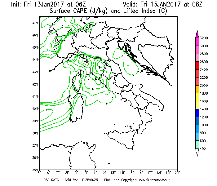 Mappa di analisi GFS - CAPE [J/kg] e Lifted Index [°C] in Italia
									del 13/01/2017 06 <!--googleoff: index-->UTC<!--googleon: index-->