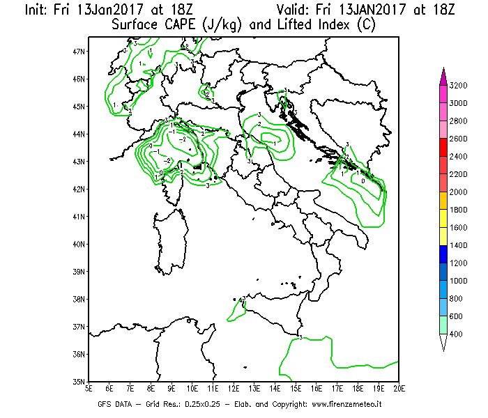 Mappa di analisi GFS - CAPE [J/kg] e Lifted Index [°C] in Italia
							del 13/01/2017 18 <!--googleoff: index-->UTC<!--googleon: index-->