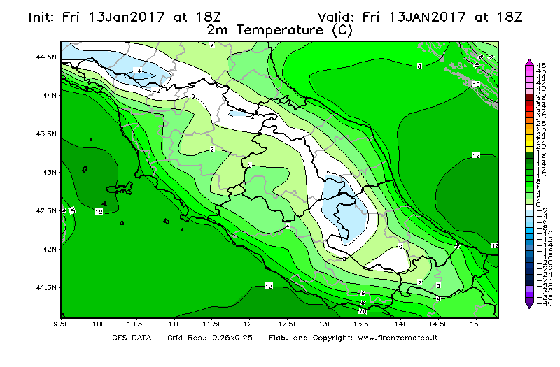 Mappa di analisi GFS - Temperatura a 2 metri dal suolo [°C] in Centro-Italia
							del 13/01/2017 18 <!--googleoff: index-->UTC<!--googleon: index-->