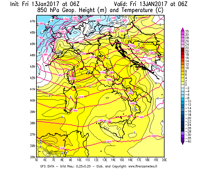 Mappa di analisi GFS - Geopotenziale [m] e Temperatura [°C] a 850 hPa in Italia
									del 13/01/2017 06 <!--googleoff: index-->UTC<!--googleon: index-->