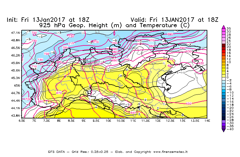 Mappa di analisi GFS - Geopotenziale [m] e Temperatura [°C] a 925 hPa in Nord-Italia
							del 13/01/2017 18 <!--googleoff: index-->UTC<!--googleon: index-->