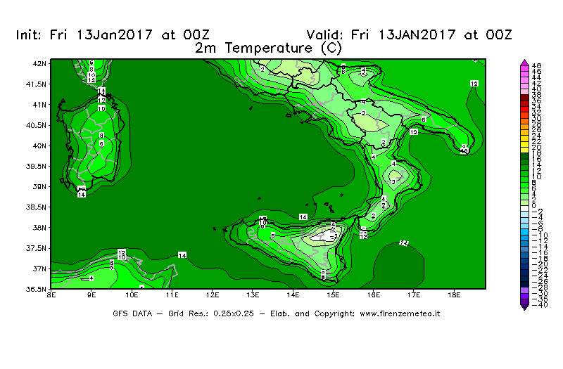 Mappa di analisi GFS - Temperatura a 2 metri dal suolo [°C] in Sud-Italia
									del 13/01/2017 00 <!--googleoff: index-->UTC<!--googleon: index-->
