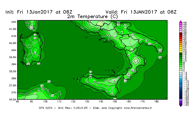 Mappa di analisi GFS - Temperatura a 2 metri dal suolo [°C] in Sud-Italia
							del 13/01/2017 06 <!--googleoff: index-->UTC<!--googleon: index-->