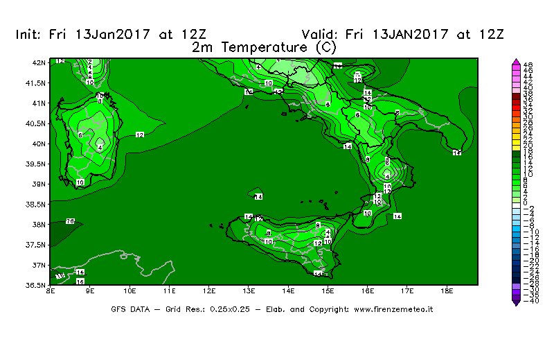 Mappa di analisi GFS - Temperatura a 2 metri dal suolo [°C] in Sud-Italia
							del 13/01/2017 12 <!--googleoff: index-->UTC<!--googleon: index-->