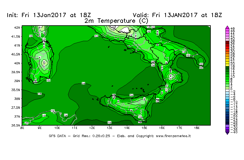 Mappa di analisi GFS - Temperatura a 2 metri dal suolo [°C] in Sud-Italia
									del 13/01/2017 18 <!--googleoff: index-->UTC<!--googleon: index-->