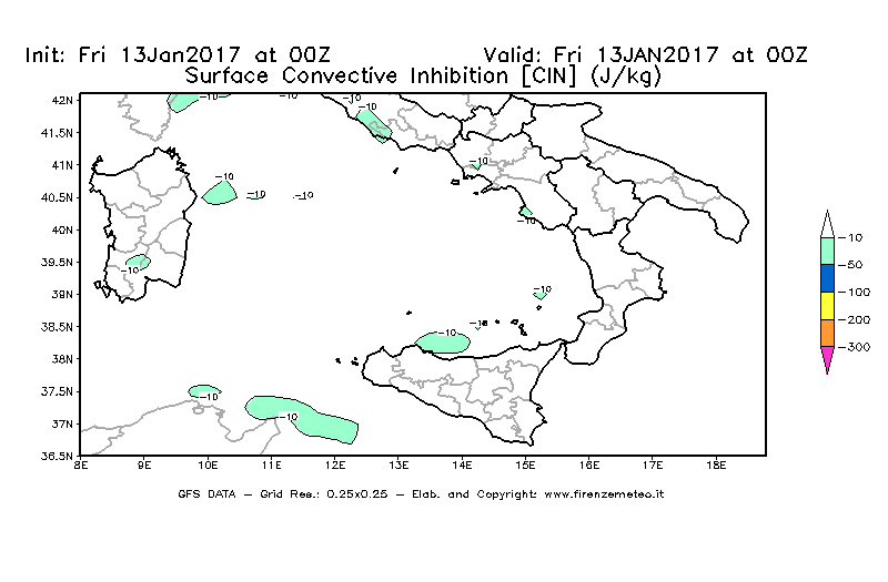Mappa di analisi GFS - CIN [J/kg] in Sud-Italia
							del 13/01/2017 00 <!--googleoff: index-->UTC<!--googleon: index-->