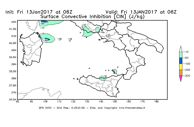 Mappa di analisi GFS - CIN [J/kg] in Sud-Italia
									del 13/01/2017 06 <!--googleoff: index-->UTC<!--googleon: index-->