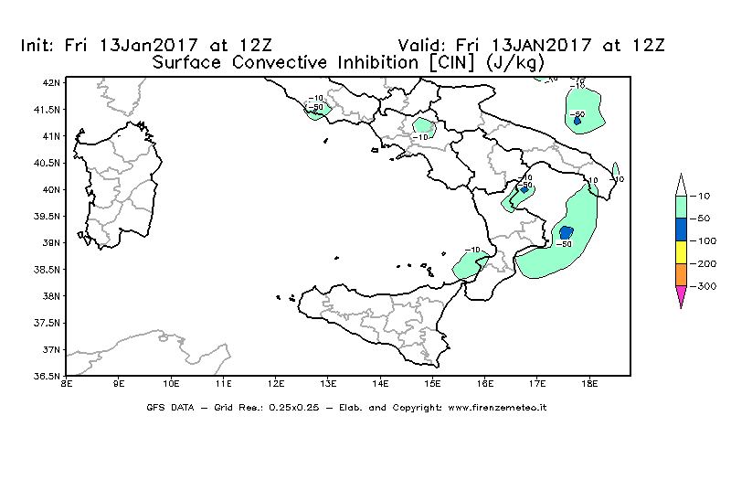Mappa di analisi GFS - CIN [J/kg] in Sud-Italia
							del 13/01/2017 12 <!--googleoff: index-->UTC<!--googleon: index-->