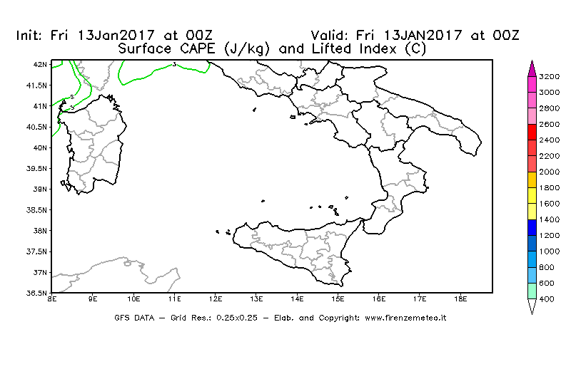 Mappa di analisi GFS - CAPE [J/kg] e Lifted Index [°C] in Sud-Italia
							del 13/01/2017 00 <!--googleoff: index-->UTC<!--googleon: index-->