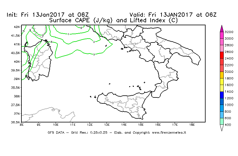 Mappa di analisi GFS - CAPE [J/kg] e Lifted Index [°C] in Sud-Italia
							del 13/01/2017 06 <!--googleoff: index-->UTC<!--googleon: index-->