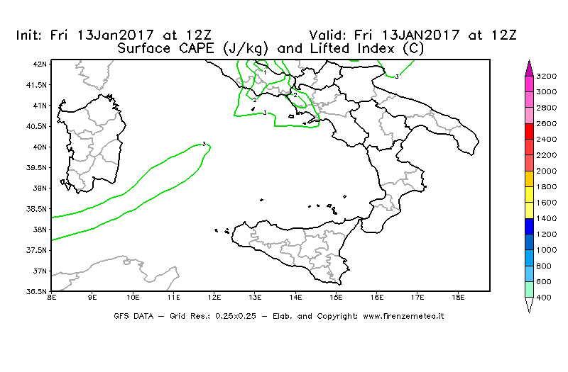 Mappa di analisi GFS - CAPE [J/kg] e Lifted Index [°C] in Sud-Italia
							del 13/01/2017 12 <!--googleoff: index-->UTC<!--googleon: index-->