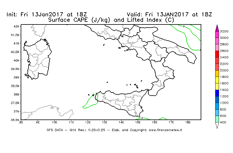 Mappa di analisi GFS - CAPE [J/kg] e Lifted Index [°C] in Sud-Italia
							del 13/01/2017 18 <!--googleoff: index-->UTC<!--googleon: index-->