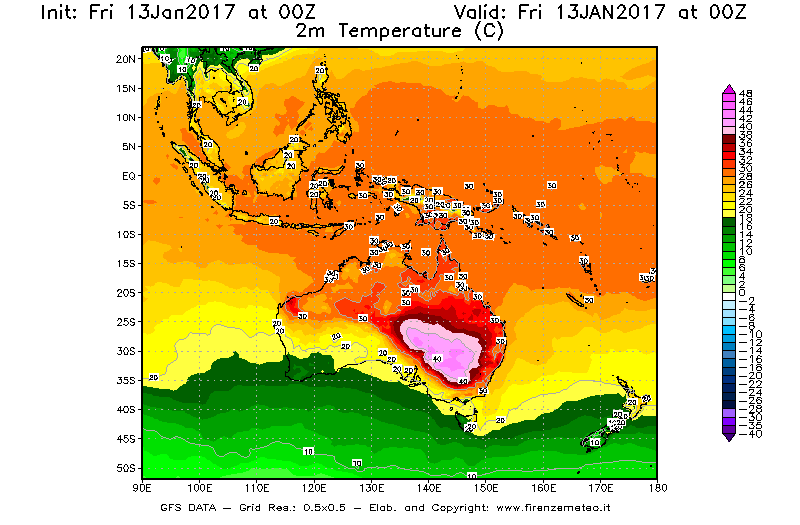 Mappa di analisi GFS - Temperatura a 2 metri dal suolo [°C] in Oceania
							del 13/01/2017 00 <!--googleoff: index-->UTC<!--googleon: index-->