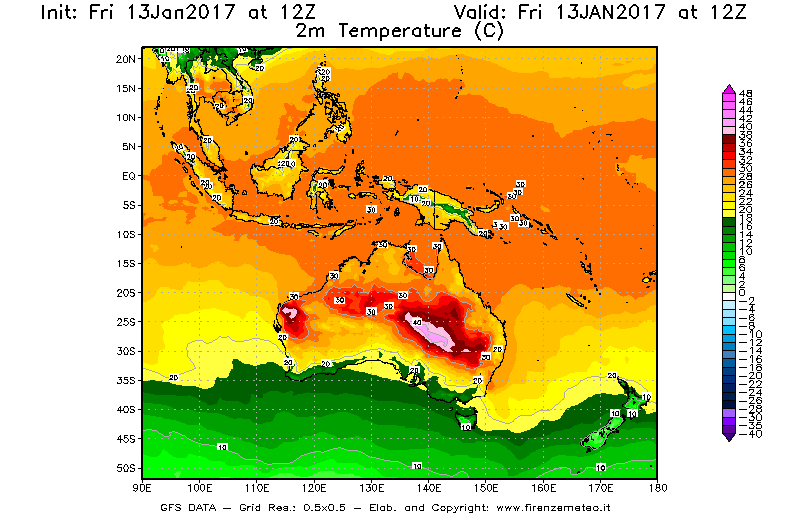 Mappa di analisi GFS - Temperatura a 2 metri dal suolo [°C] in Oceania
							del 13/01/2017 12 <!--googleoff: index-->UTC<!--googleon: index-->