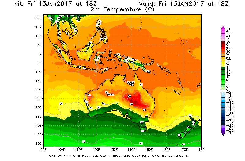 Mappa di analisi GFS - Temperatura a 2 metri dal suolo [°C] in Oceania
							del 13/01/2017 18 <!--googleoff: index-->UTC<!--googleon: index-->