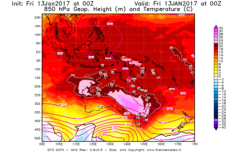 Mappa di analisi GFS - Geopotenziale [m] e Temperatura [°C] a 850 hPa in Oceania
							del 13/01/2017 00 <!--googleoff: index-->UTC<!--googleon: index-->