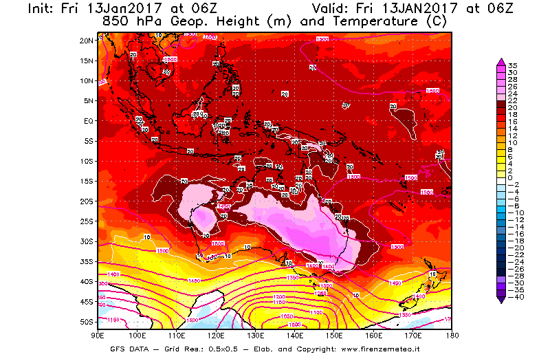 Mappa di analisi GFS - Geopotenziale [m] e Temperatura [°C] a 850 hPa in Oceania
							del 13/01/2017 06 <!--googleoff: index-->UTC<!--googleon: index-->