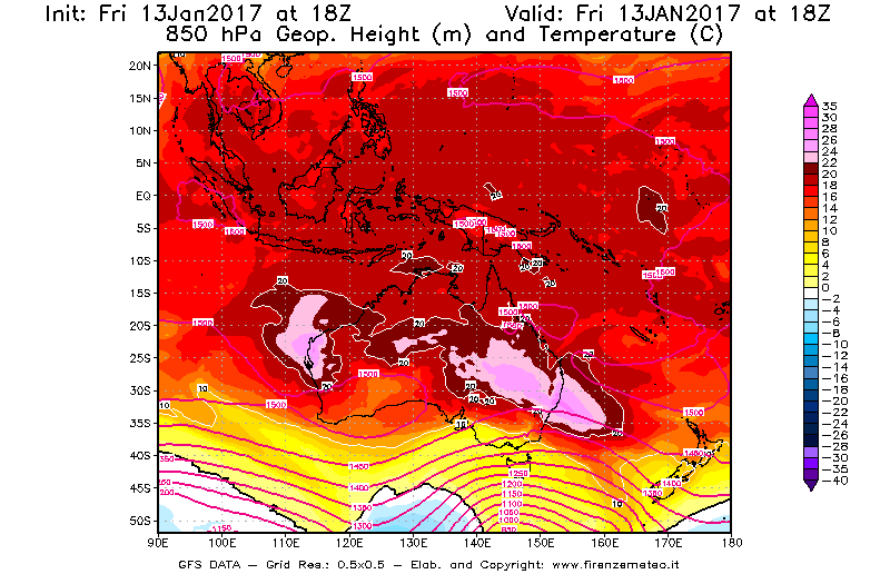 Mappa di analisi GFS - Geopotenziale [m] e Temperatura [°C] a 850 hPa in Oceania
							del 13/01/2017 18 <!--googleoff: index-->UTC<!--googleon: index-->