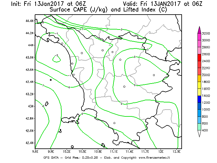 Mappa di analisi GFS - CAPE [J/kg] e Lifted Index [°C] in Toscana
							del 13/01/2017 06 <!--googleoff: index-->UTC<!--googleon: index-->